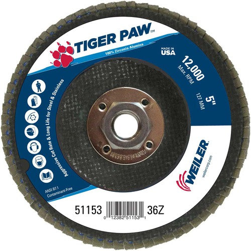 5″ Tiger Paw Abrasive Flap Disc, Flat, Phenolic Backing, 36Z, 5/8″-11 Arbor Hole - Benchmark Tooling