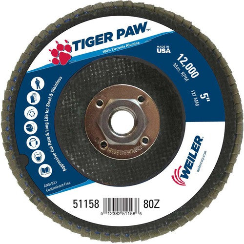 5″ Tiger Paw Abrasive Flap Disc, Angled, Phenolic Backing, 80Z, 5/8″-11 Arbor Hole - Benchmark Tooling