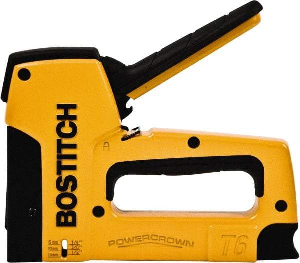 Stanley Bostitch - Manual Staple Gun - 1/4, 3/8, 1/2" Staples, 84 Lb Capacity, Yellow, Aluminum Die Cast - Benchmark Tooling