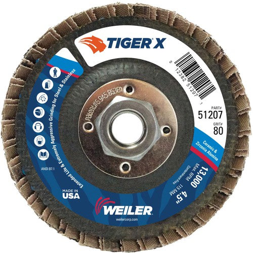 4 1/2″ Diameter - Tiger X Flap Disc, Angled, Phenolic Backing, 80Z, 5/8″ Diameter - 11 UNC Nut - Benchmark Tooling