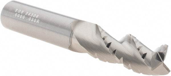 SGS - 1/2" Diam, 1-1/4" LOC, 3 Flute Solid Carbide 0.03" Corner Radius Roughing End Mill - TiB2 Finish, 3-1/4" OAL, 1/2" Shank Diam, Single End, Centercutting, 38° Helix - Benchmark Tooling
