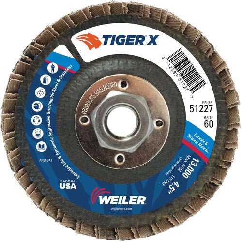 4 1/2″ Diameter - Tiger X Flap Disc, Flat, Phenolic Backing, 60Z, 5/8″-11 Diameter - Arbor Hole - Benchmark Tooling