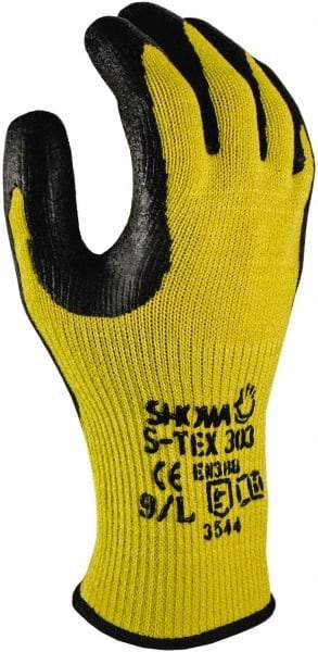 SHOWA - Size XL (10), ANSI Cut Lvl 5, Natural Rubber Latex Coated Kevlar Cut Resistant Gloves - 10" Long, Palm & Fingertips Coated, High Strength Fiber/Stainless Steel Lining, Knit Wrist, Yellow/Black, Paired - Benchmark Tooling