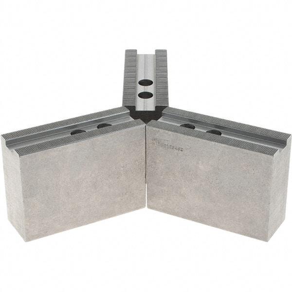 Abbott Workholding Products - 12" & Up Chuck Capacity, 1.5mm x 60° Serrated Attachment, Square Soft Lathe Chuck Jaw - 3 Jaws, Steel, 1.1811" Btw Mount Hole Ctrs, 5-1/2" Long x 2" Wide x 4" High, 0.8268" Groove, 0.6299" & 16mm Fastener - Benchmark Tooling