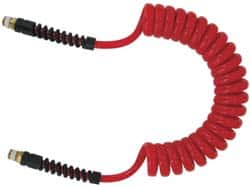 PRO-SOURCE - 5/16" ID, 1/4 Thread, 25' Long, Red Polyurethane Coiled & Self Storing Hose - 185 Max psi, Male Swivel x Male Swivel - Benchmark Tooling