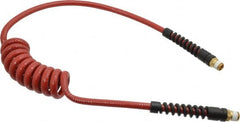 PRO-SOURCE - 1/4" ID, 1/4 Thread, 5' Long, Red Polyurethane Coiled & Self Storing Hose - 220 Max psi, Male Swivel x Male Swivel - Benchmark Tooling