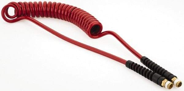 PRO-SOURCE - 1/4" ID, 1/4 Thread, 10' Long, Red Polyurethane Coiled & Self Storing Hose - 220 Max psi, Male Swivel x Male Swivel - Benchmark Tooling