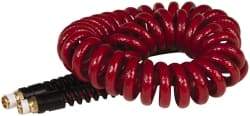 PRO-SOURCE - 1/4" ID, 1/4 Thread, 15' Long, Red Polyurethane Coiled & Self Storing Hose - 220 Max psi, Male Swivel x Male Swivel - Benchmark Tooling