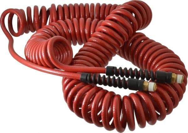 PRO-SOURCE - 1/4" ID, 1/4 Thread, 50' Long, Red Polyurethane Coiled & Self Storing Hose - 220 Max psi, Male Swivel x Male Swivel - Benchmark Tooling