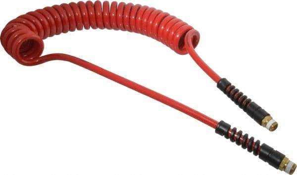 PRO-SOURCE - 5/16" ID, 3/8 Thread, 15' Long, Red Polyurethane Coiled & Self Storing Hose - 185 Max psi, Male Swivel x Male Swivel - Benchmark Tooling