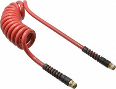 PRO-SOURCE - 3/8" ID, 3/8 Thread, 10' Long, Red Polyurethane Coiled & Self Storing Hose - 200 Max psi, Male Swivel x Male Swivel - Benchmark Tooling