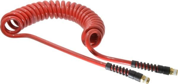 PRO-SOURCE - 3/8" ID, 3/8 Thread, 15' Long, Red Polyurethane Coiled & Self Storing Hose - 200 Max psi, Male Swivel x Male Swivel - Benchmark Tooling