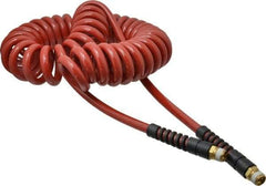 PRO-SOURCE - 3/8" ID, 3/8 Thread, 25' Long, Red Polyurethane Coiled & Self Storing Hose - 200 Max psi, Male Swivel x Male Swivel - Benchmark Tooling