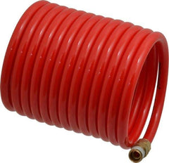 PRO-SOURCE - 1/4" ID, 1/4 Thread, 12' Long, Red Nylon Coiled & Self Storing Hose - 350 Max psi, Male Swivel x Male Swivel - Benchmark Tooling