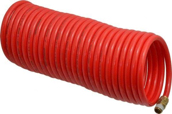 PRO-SOURCE - 1/4" ID, 1/4 Thread, 25' Long, Red Nylon Coiled & Self Storing Hose - 350 Max psi, Male Swivel x Male Swivel - Benchmark Tooling