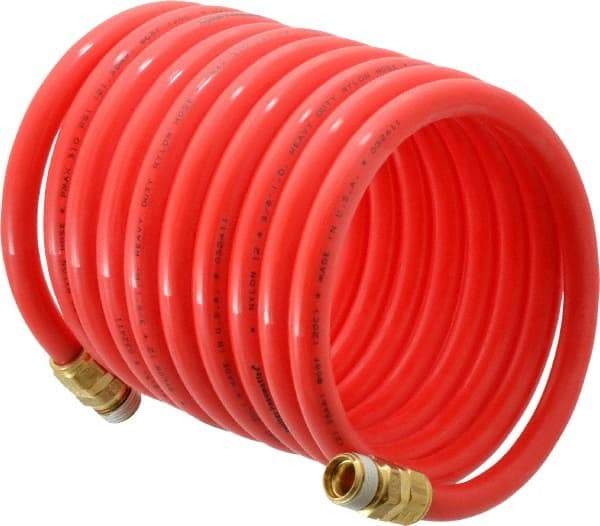 PRO-SOURCE - 3/8" ID, 3/8 Thread, 12' Long, Red Nylon Coiled & Self Storing Hose - 310 Max psi, Male Swivel x Male Swivel - Benchmark Tooling