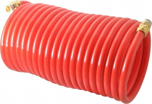 PRO-SOURCE - 3/8" ID, 3/8 Thread, 25' Long, Red Nylon Coiled & Self Storing Hose - 310 Max psi, Male Swivel x Male Swivel - Benchmark Tooling