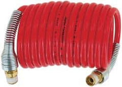 PRO-SOURCE - 1/4" ID, 1/4 Thread, 100' Long, Red Nylon Coiled & Self Storing Hose - 240 Max psi, No Fittings - Benchmark Tooling