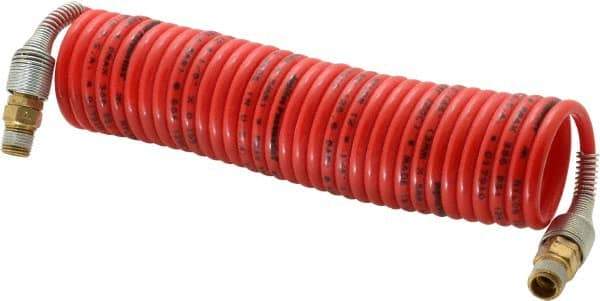 PRO-SOURCE - 1/8" ID, 1/8 Thread, 12' Long, Red Nylon Coiled & Self Storing Hose - 386 Max psi, Male Swivel x Male Swivel - Benchmark Tooling