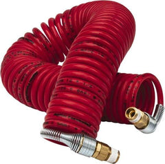 PRO-SOURCE - 1/8" ID, 1/8 Thread, 25' Long, Red Nylon Coiled & Self Storing Hose - 386 Max psi, Male Swivel x Male Swivel - Benchmark Tooling