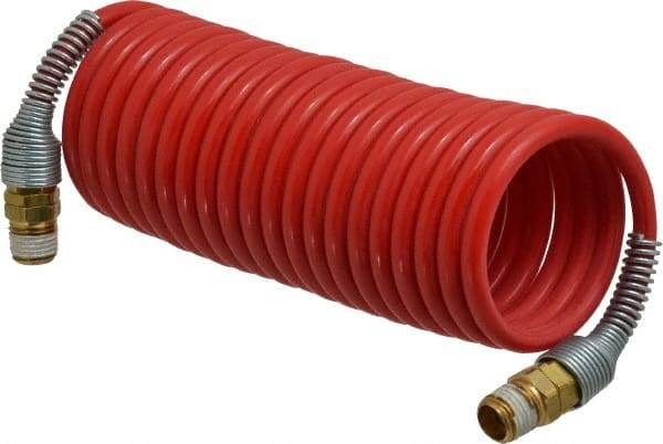 PRO-SOURCE - 3/16" ID, 1/4 Thread, 12' Long, Red Nylon Coiled & Self Storing Hose - 287 Max psi, Male Swivel x Male Swivel - Benchmark Tooling