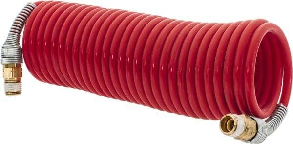 PRO-SOURCE - 3/16" ID, 1/4 Thread, 17' Long, Red Nylon Coiled & Self Storing Hose - 287 Max psi, Male Swivel x Male Swivel - Benchmark Tooling