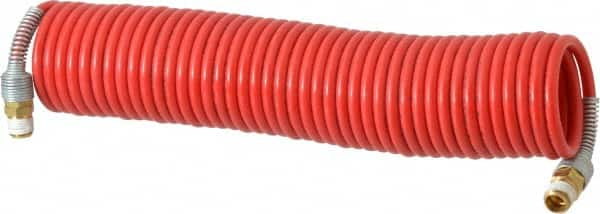 PRO-SOURCE - 3/16" ID, 1/4 Thread, 25' Long, Red Nylon Coiled & Self Storing Hose - 287 Max psi, Male Swivel x Male Swivel - Benchmark Tooling