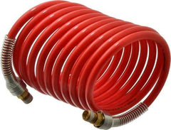 PRO-SOURCE - 5/16" ID, 1/4 Thread, 12' Long, Red Nylon Coiled & Self Storing Hose - 213 Max psi, Male Swivel x Male Swivel - Benchmark Tooling