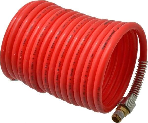 PRO-SOURCE - 5/16" ID, 1/4 Thread, 17' Long, Red Nylon Coiled & Self Storing Hose - 213 Max psi, Male Swivel x Male Swivel - Benchmark Tooling