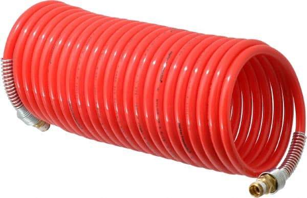 PRO-SOURCE - 5/16" ID, 1/4 Thread, 25' Long, Red Nylon Coiled & Self Storing Hose - 213 Max psi, Male Swivel x Male Swivel - Benchmark Tooling