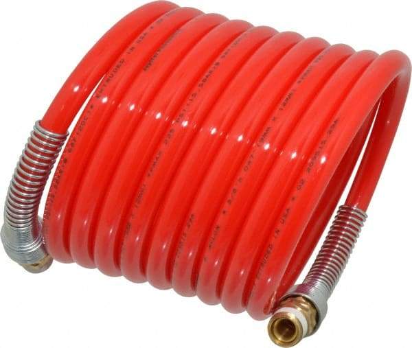 PRO-SOURCE - 3/8" ID, 3/8 Thread, 12' Long, Red Nylon Coiled & Self Storing Hose - 225 Max psi, Male Swivel x Male Swivel - Benchmark Tooling