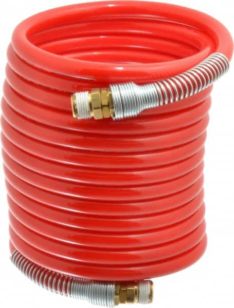 PRO-SOURCE - 3/8" ID, 3/8 Thread, 17' Long, Red Nylon Coiled & Self Storing Hose - 225 Max psi, Male Swivel x Male Swivel - Benchmark Tooling