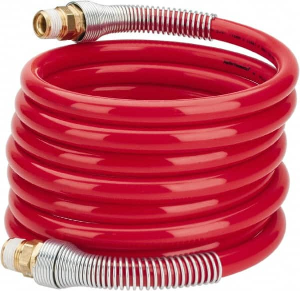 PRO-SOURCE - 1/2" ID, 1/2 Thread, 12' Long, Red Nylon Coiled & Self Storing Hose - 220 Max psi, Male Swivel x Male Swivel - Benchmark Tooling