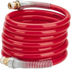 PRO-SOURCE - 1/2" ID, 1/2 Thread, 12' Long, Red Nylon Coiled & Self Storing Hose - 220 Max psi, Male Swivel x Male Swivel - Benchmark Tooling