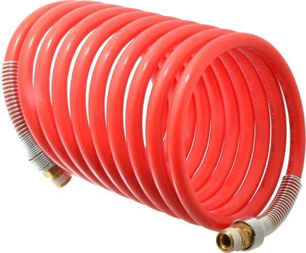 PRO-SOURCE - 1/2" ID, 1/2 Thread, 17' Long, Red Nylon Coiled & Self Storing Hose - 220 Max psi, Male Swivel x Male Swivel - Benchmark Tooling