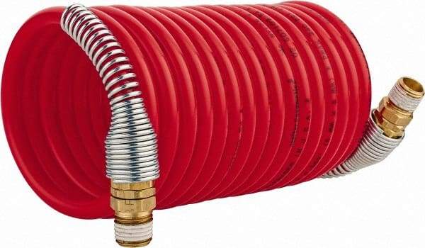 PRO-SOURCE - 1/4" ID, 1/4 Thread, 12' Long, Red Nylon Coiled & Self Storing Hose - 240 Max psi, Male Swivel x Male Swivel - Benchmark Tooling