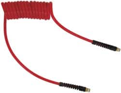 PRO-SOURCE - 5/16" ID, 1/4 Thread, 20' Long, Red Polyurethane Coiled & Self Storing Hose - 120 Max psi, Male Swivel x Male Swivel - Benchmark Tooling