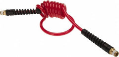 PRO-SOURCE - 3/16" ID, 1/4 Thread, 5' Long, Red Polyurethane Coiled & Self Storing Hose - 147 Max psi, Male Swivel x Male Swivel - Benchmark Tooling