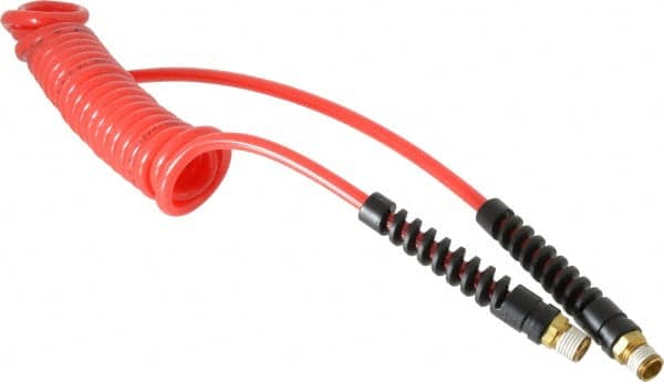 PRO-SOURCE - 3/16" ID, 1/4 Thread, 10' Long, Red Polyurethane Coiled & Self Storing Hose - 147 Max psi, Male Swivel x Male Swivel - Benchmark Tooling