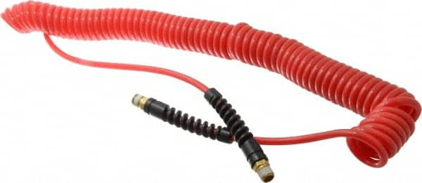 PRO-SOURCE - 3/16" ID, 1/4 Thread, 25' Long, Red Polyurethane Coiled & Self Storing Hose - 147 Max psi, Male Swivel x Male Swivel - Benchmark Tooling