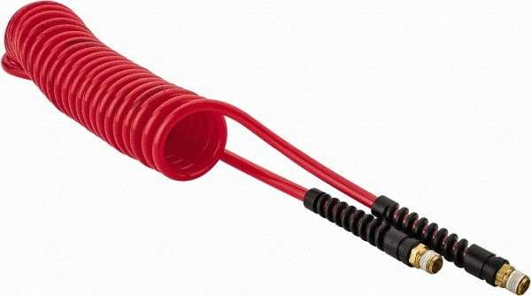 PRO-SOURCE - 1/4" ID, 1/4 Thread, 15' Long, Red Polyurethane Coiled & Self Storing Hose - 147 Max psi, Male Swivel x Male Swivel - Benchmark Tooling