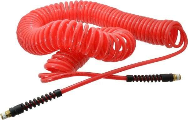 PRO-SOURCE - 1/4" ID, 1/4 Thread, 50' Long, Red Polyurethane Coiled & Self Storing Hose - 147 Max psi, Male Swivel x Male Swivel - Benchmark Tooling