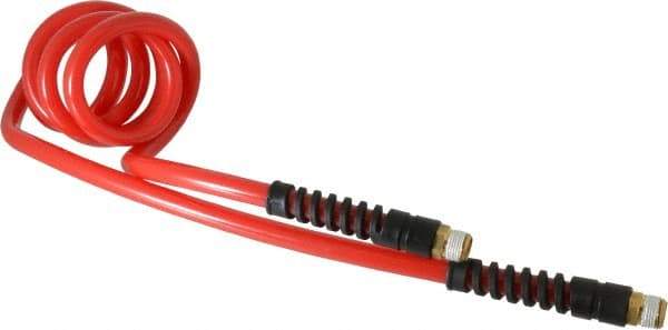 PRO-SOURCE - 3/8" ID, 3/8 Thread, 5' Long, Red Polyurethane Coiled & Self Storing Hose - 133 Max psi, Male Swivel x Male Swivel - Benchmark Tooling