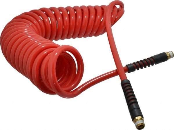 PRO-SOURCE - 3/8" ID, 3/8 Thread, 25' Long, Red Polyurethane Coiled & Self Storing Hose - 133 Max psi, Male Swivel x Male Swivel - Benchmark Tooling