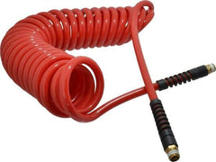 PRO-SOURCE - 3/8" ID, 3/8 Thread, 25' Long, Red Polyurethane Coiled & Self Storing Hose - 133 Max psi, Male Swivel x Male Swivel - Benchmark Tooling