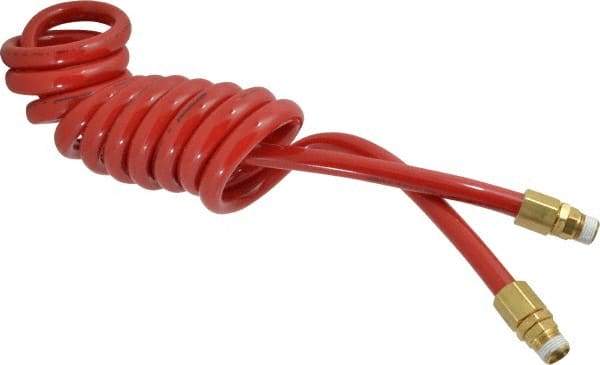 PRO-SOURCE - 1/2" ID, 1/2 Thread, 10' Long, Red Polyurethane Coiled & Self Storing Hose - 120 Max psi, Male Swivel x Male Swivel - Benchmark Tooling