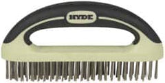 Hyde Tools - 1-1/8 Inch Trim Length Stainless Steel Scratch Brush - 8" Brush Length, 8" OAL, 1-1/8" Trim Length, Plastic with Rubber Overmold Ergonomic Handle - Benchmark Tooling