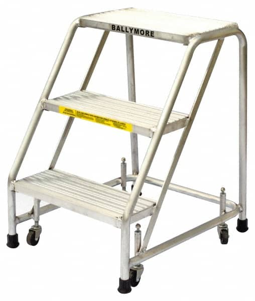 Ballymore - 28-1/2" 3 Step Ladder - Rolling Safety Ladder, 300 Lb Capacity, 28-1/2" Platform Height, 20" Base Width x 25" Base Depth, Solid Ribbed Tread - Benchmark Tooling