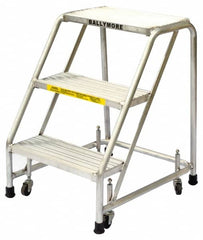 Ballymore - 28-1/2" 3 Step Ladder - Rolling Safety Ladder, 300 Lb Capacity, 28-1/2" Platform Height, 20" Base Width x 25" Base Depth, Heavy-Duty Serrated Grating - Benchmark Tooling