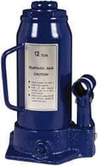 Value Collection - 12 Ton Capacity Side Pump Bottle Jack - 9-1/2" to 18-5/8" High, 6" Piston Stroke, 3-1/8" Screw Length, 1-3/16" Screw Diam, 1.73" Plunger Diam, 5-1/4" Long x 5-1/8" Wide Base - Benchmark Tooling